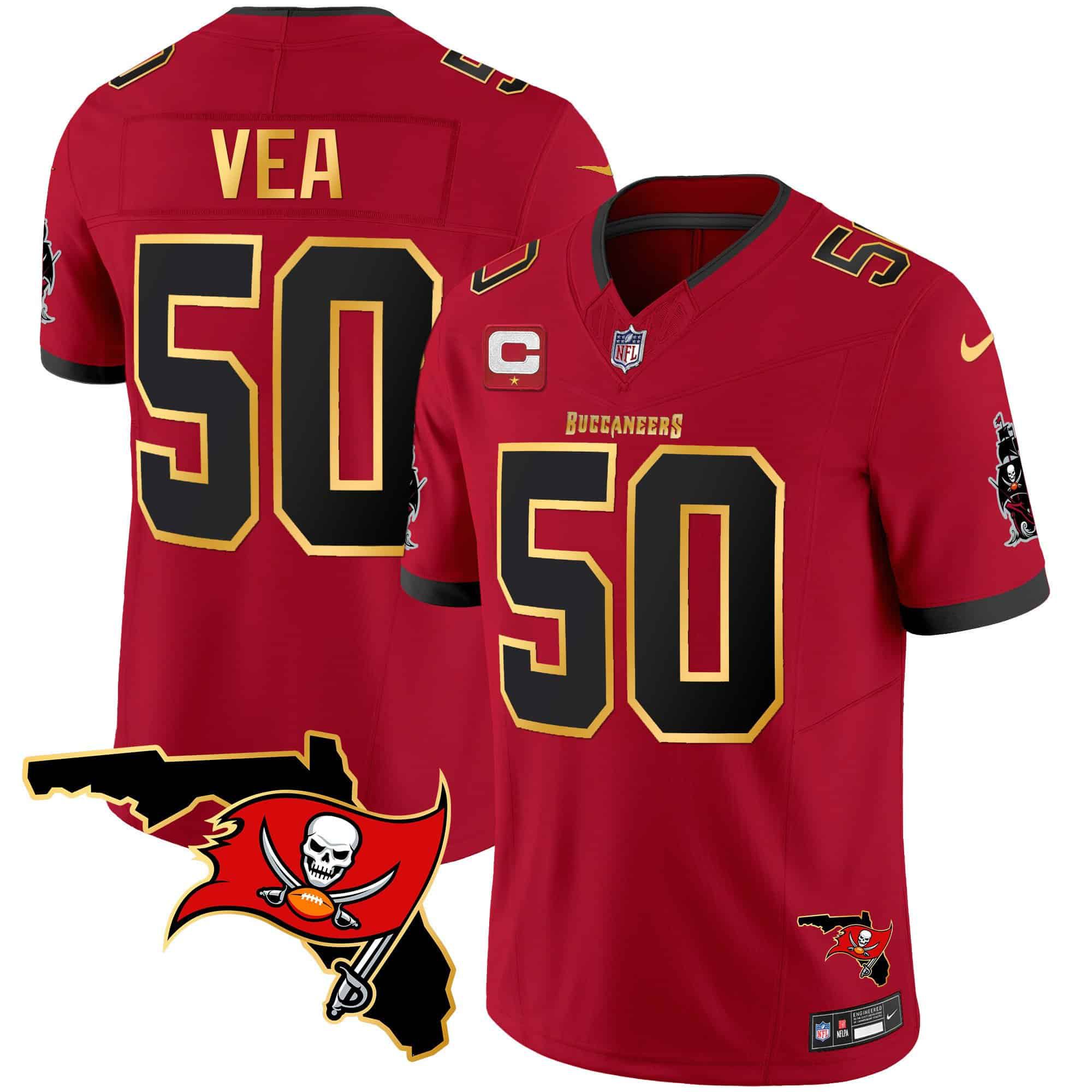 Men Tampa Bay Buccaneers 50 Vea Red 2024 Nike Florida Patch Gold Trim Vapor NFL Jersey style 1